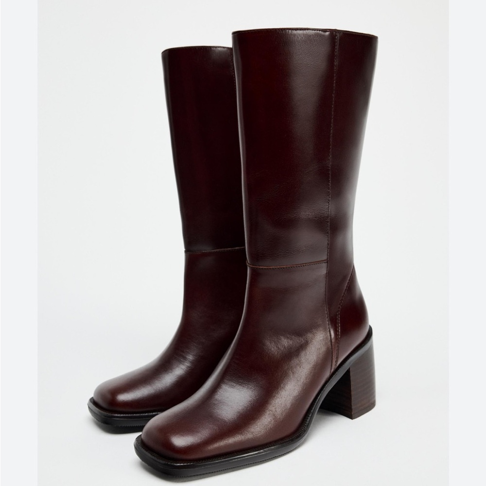 Zara SQUARE TOE LEATHER ANKLE BOOT Burgundy Red 39 8 1106/410 booties heeled